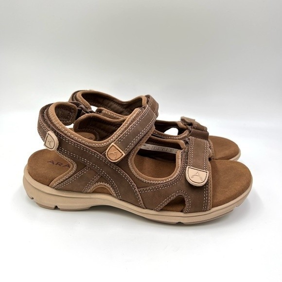 6D 6 WIDE WIDTH Aravon Women's Rev 3 Strap Brown Leather Comfort Summer Sandals - Picture 1 of 12